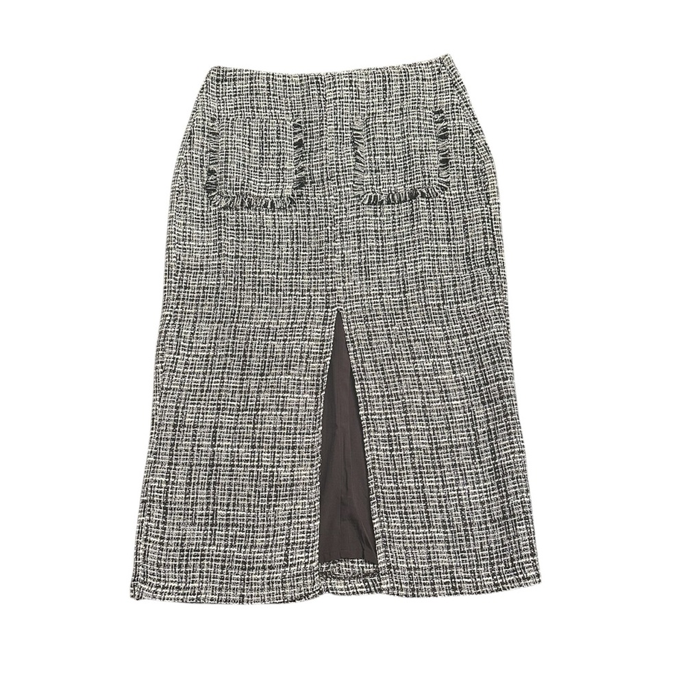 NWT Lush Skirt Womens Black and White Tweed Lined Midi Front Slit